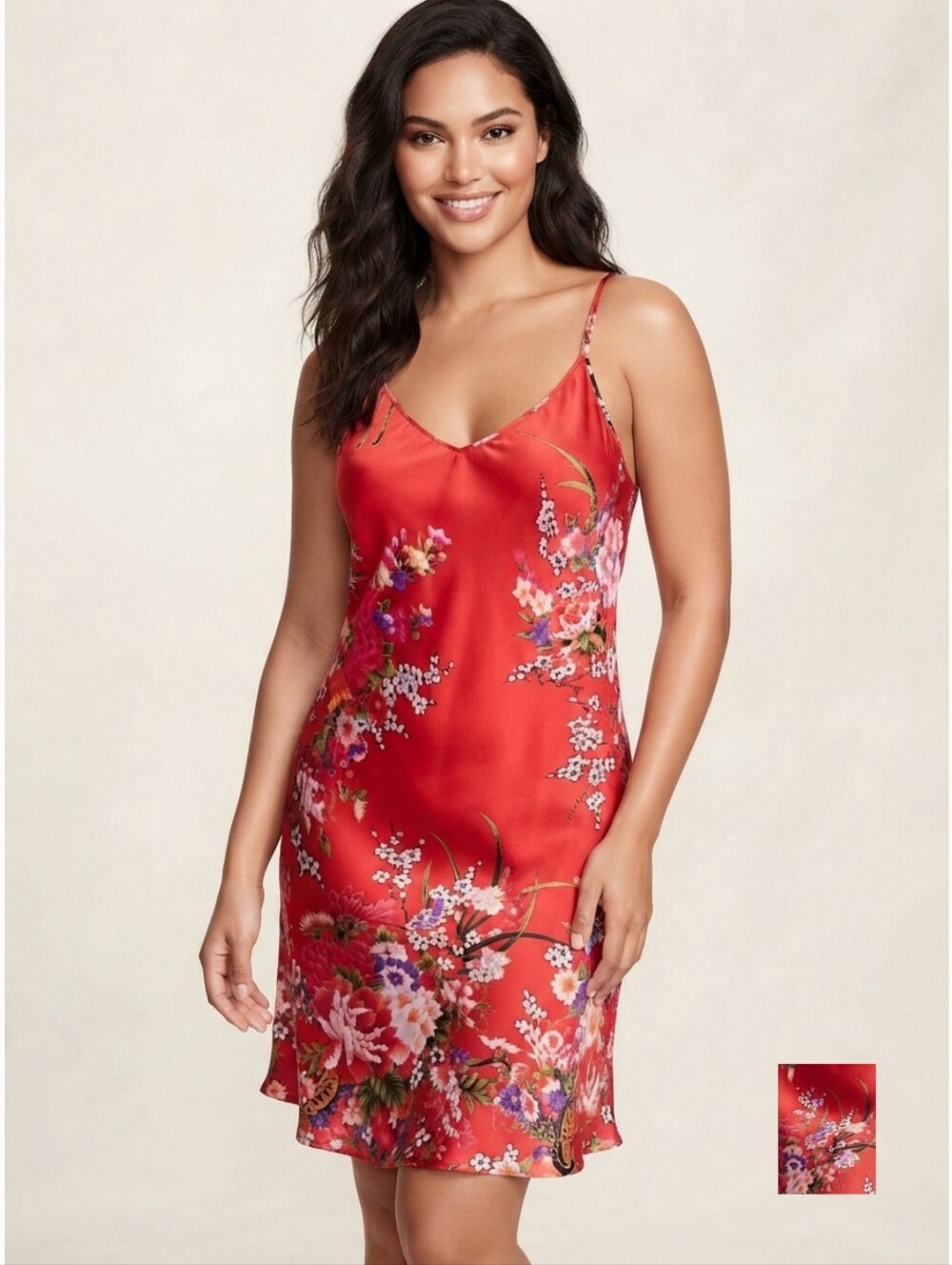 Women's Silk Red Floral Slip Mini Dress Lounge Summer Sleepwear Dress Medium